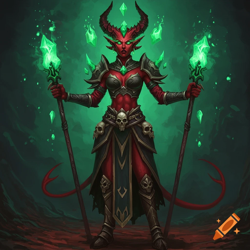 A depiction of a female demon with red skin, horns, armor, and staves with glowing green crystals.