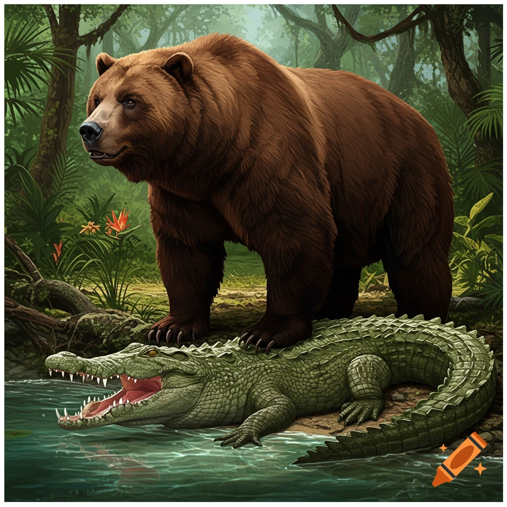 A large brown bear stands over a green crocodile in a jungle.