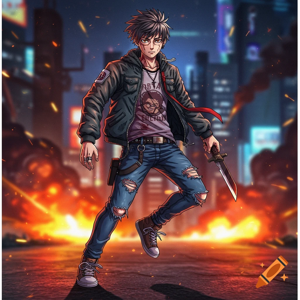 Anime boy with sword in ripped clothes stands in a burning city.