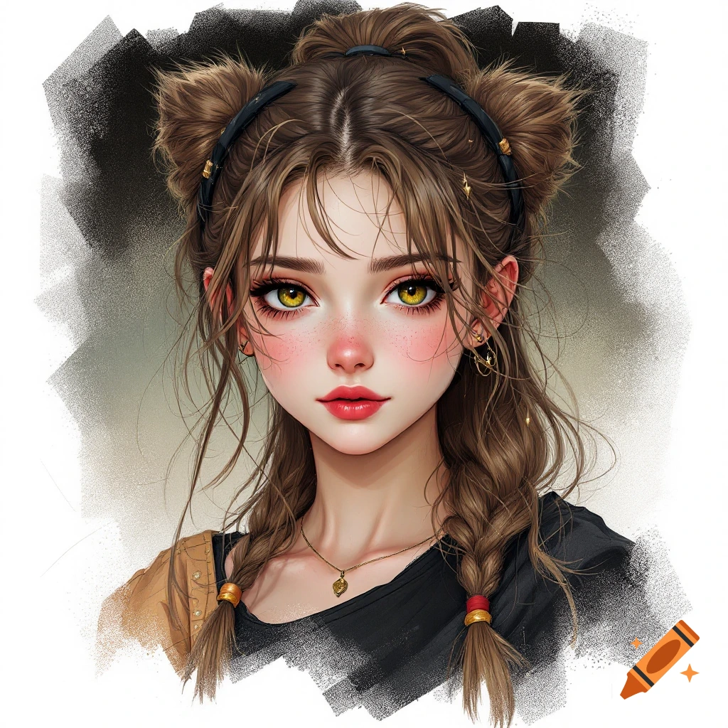 Portrait of a girl with green eyes, freckles, and space bun hairstyle in digital art style