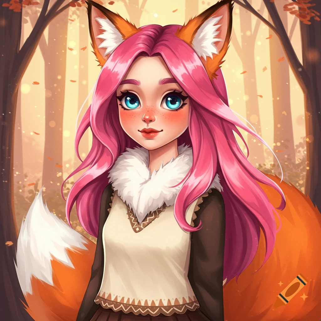 A pink-haired fox girl with blue eyes in an autumn forest.