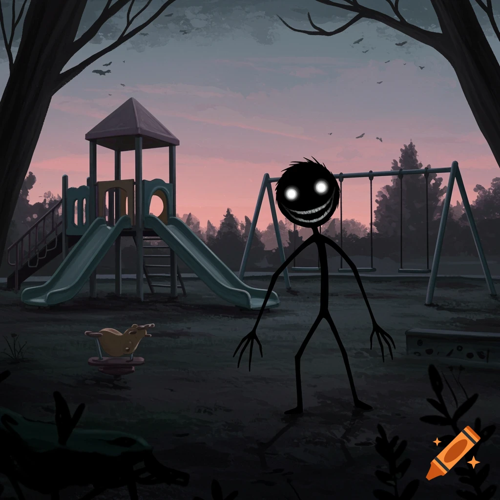 A creepy stick figure with glowing eyes and a wide grin stands in a dark playground at twilight.