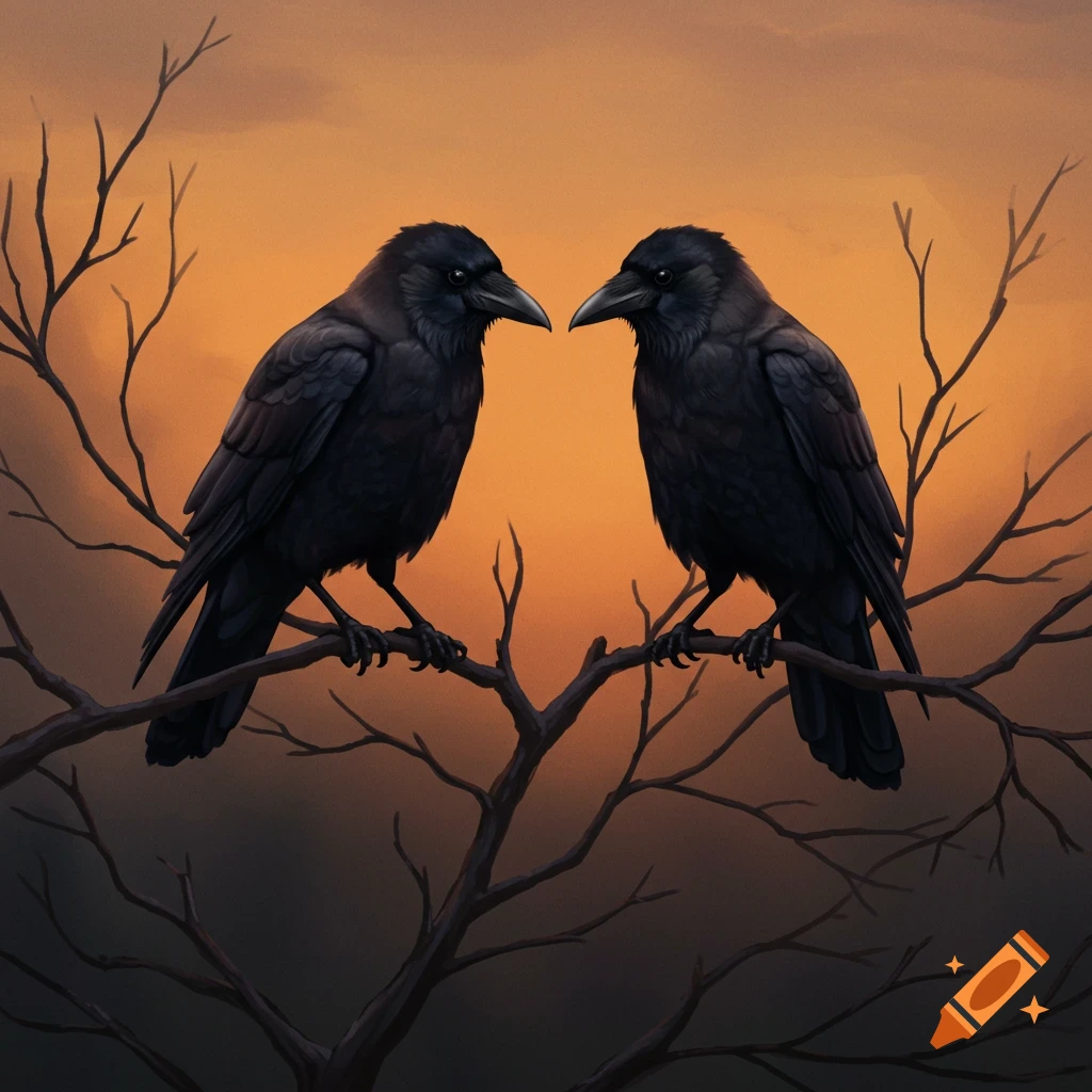 Two crows perched on a bare branch against an orange and dark sky at sunset.