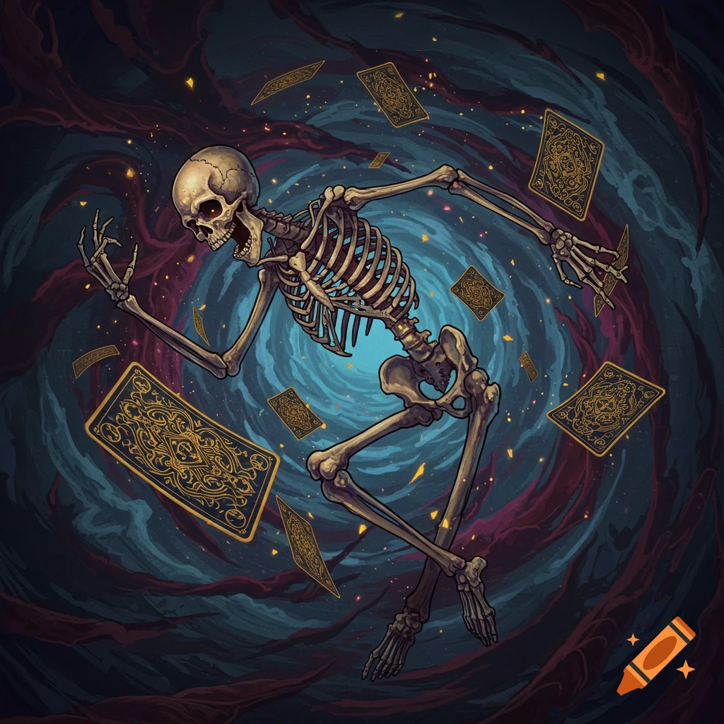 A skeleton surrounded by floating tarot cards in a swirling void.