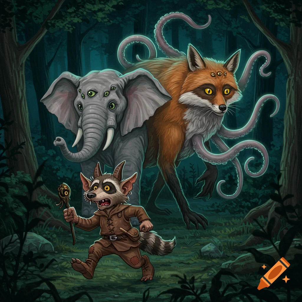 Illustration of a raccoon-like character running from a multi-eyed elephant-fox-octopus creature in a dark forest.