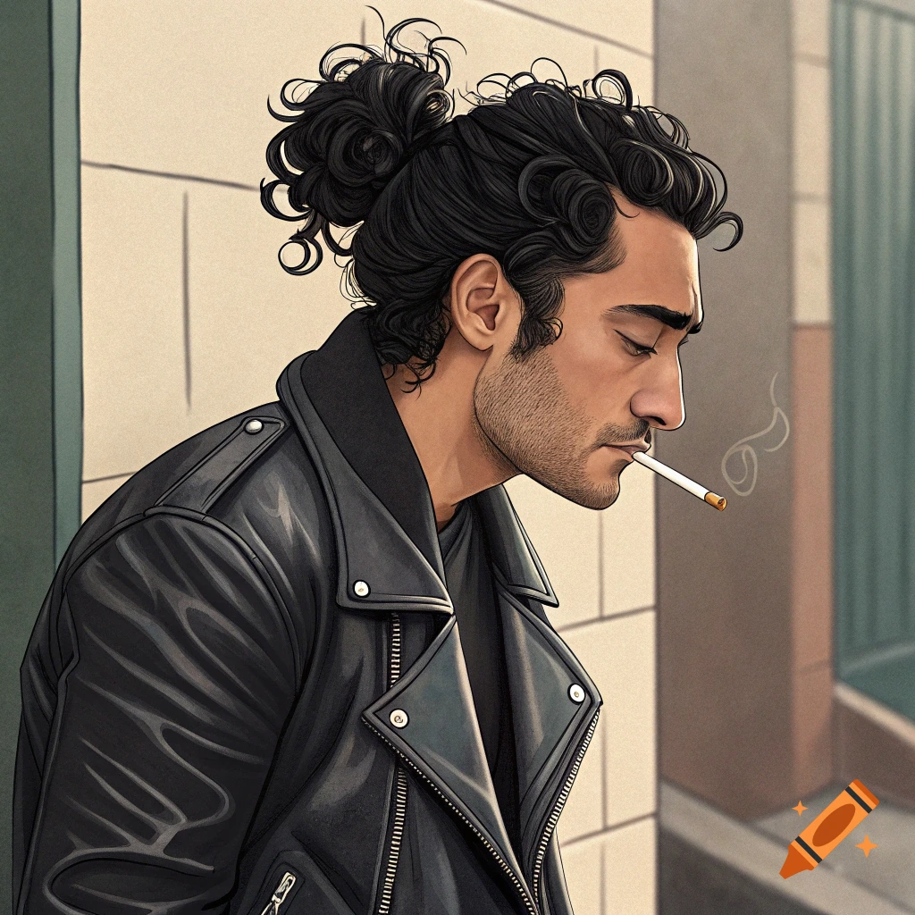 Illustrated profile portrait of a man in a leather jacket with a bun, smoking a cigarette.