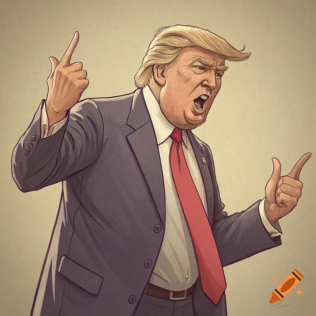 Cartoon portrait of Donald Trump speaking and gesturing