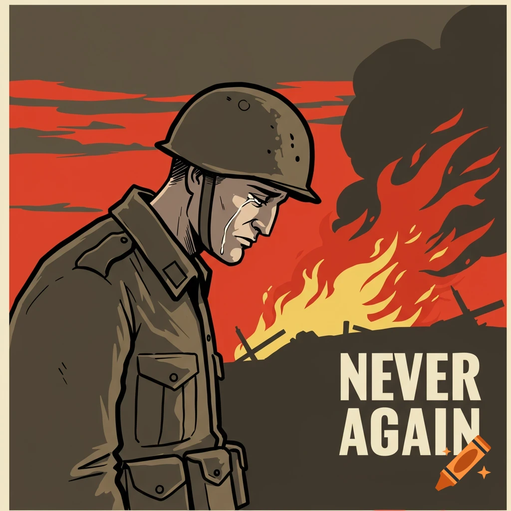 Simple drawing of a crying soldier with fire and text 'NEVER AGAIN'.