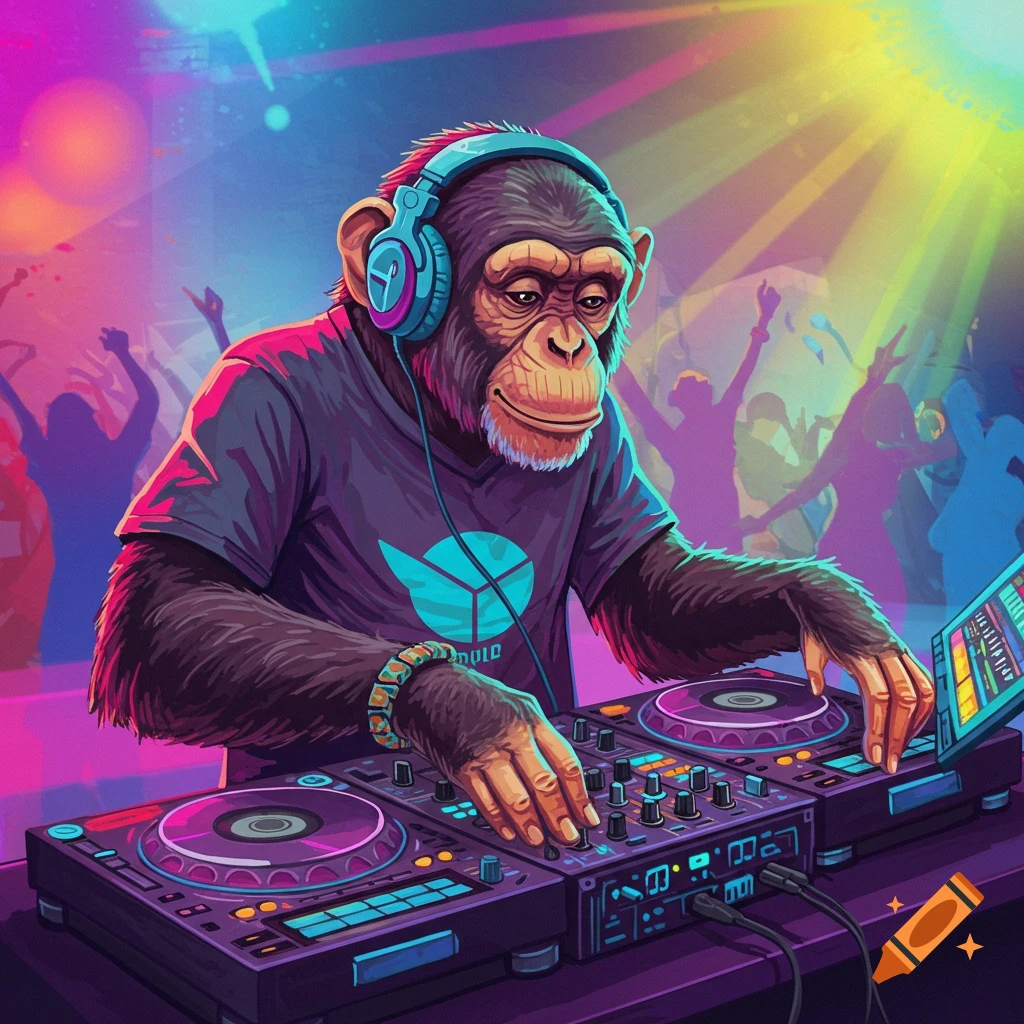 A chimpanzee wearing headphones and DJing at a vibrant party with colorful lights.