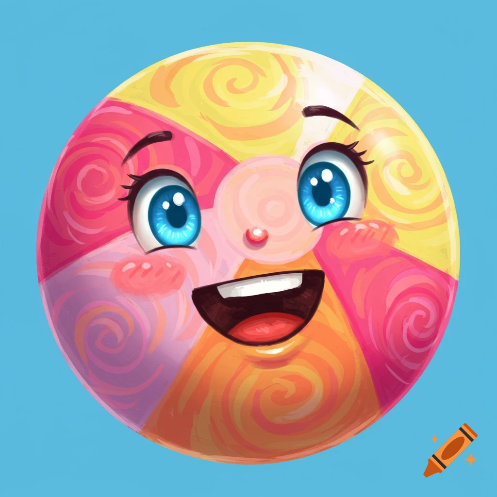 A colorful cartoon ball with a smiling face.