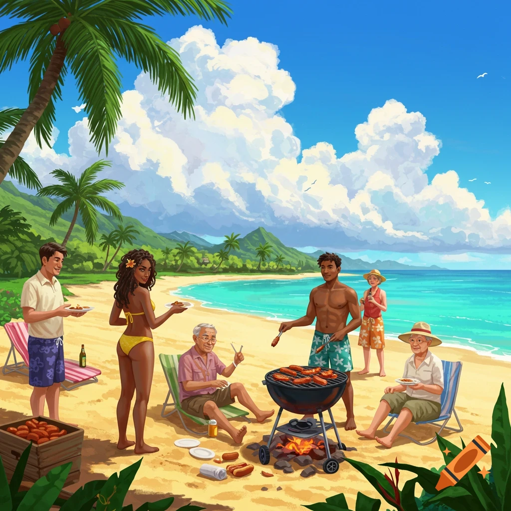Group of people having a barbecue on a tropical beach.
