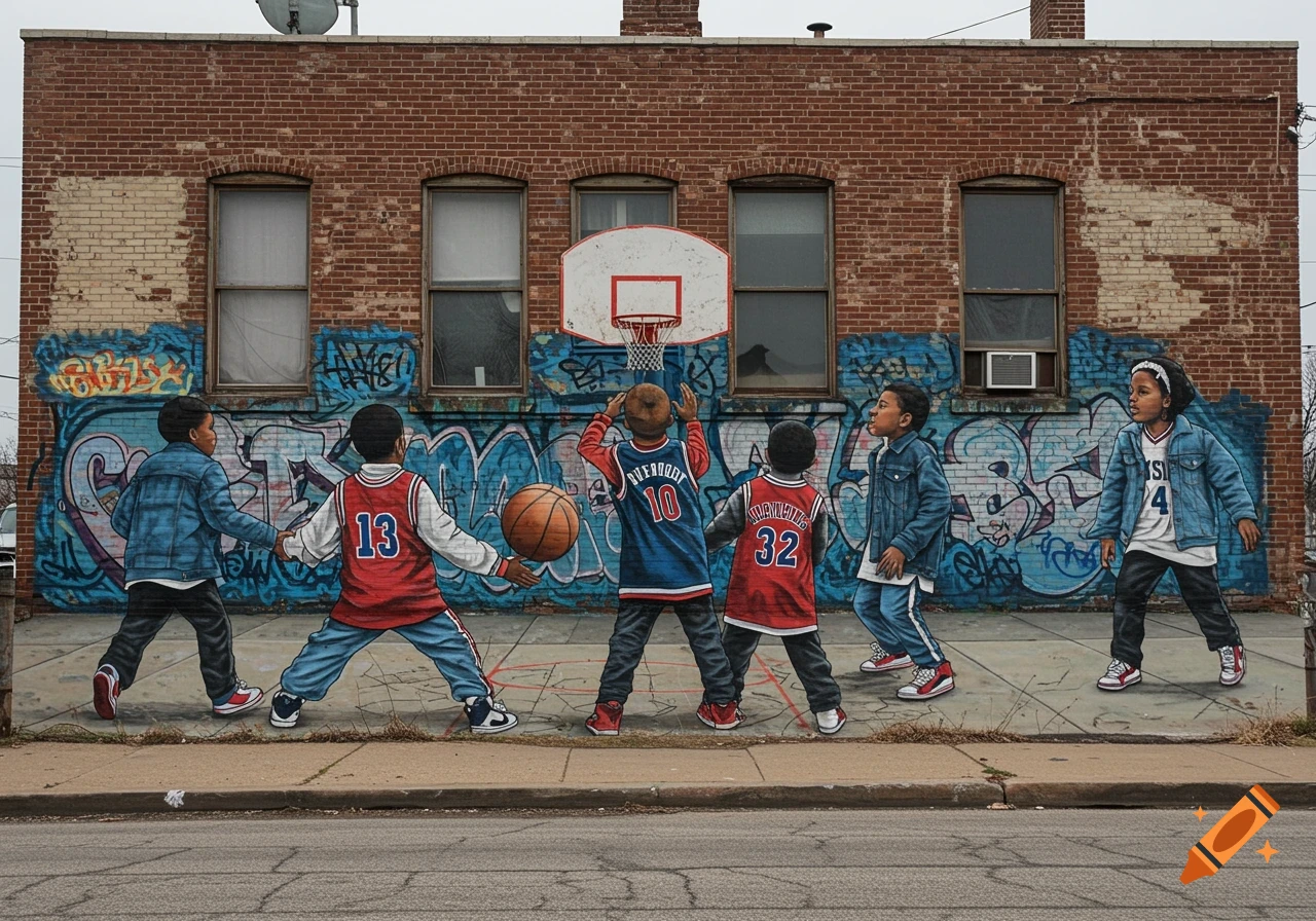 A vibrant mural of kids playing basketball on a sidewalk in front of a brick building covered in graffiti.