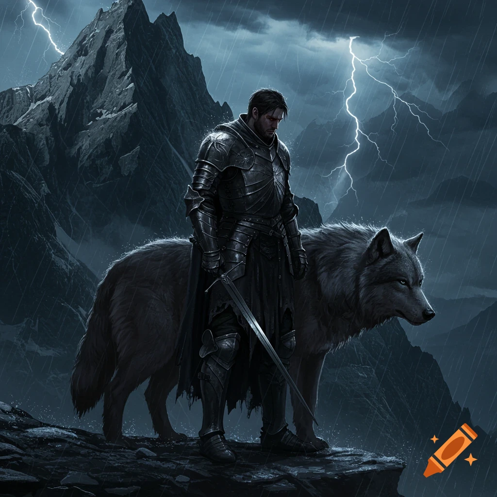 A dark fantasy knight and a wolf stand on a cliff during a lightning storm.