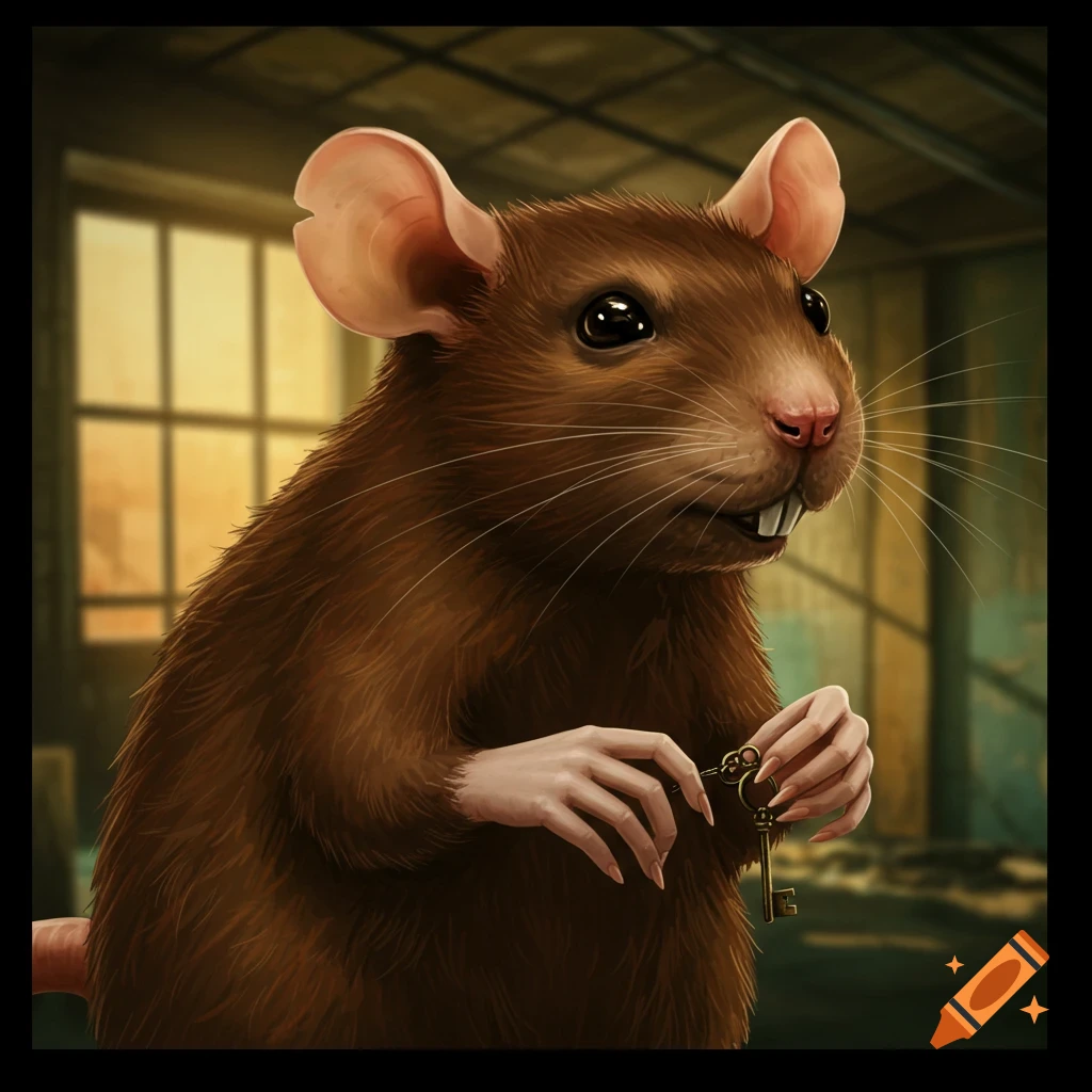 A rat with human hands holding a key