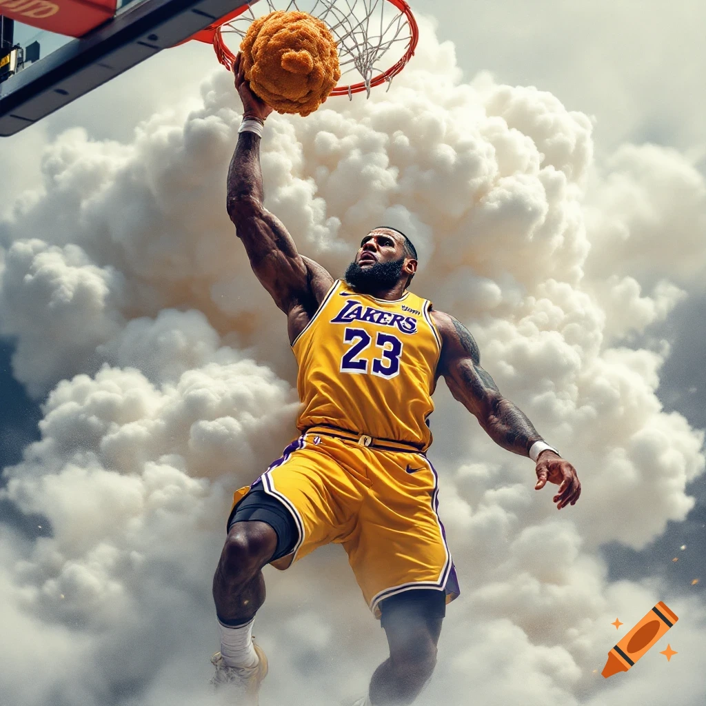 LeBron James in a Lakers jersey dunks a giant fried chicken as a basketball, surrounded by smoke.