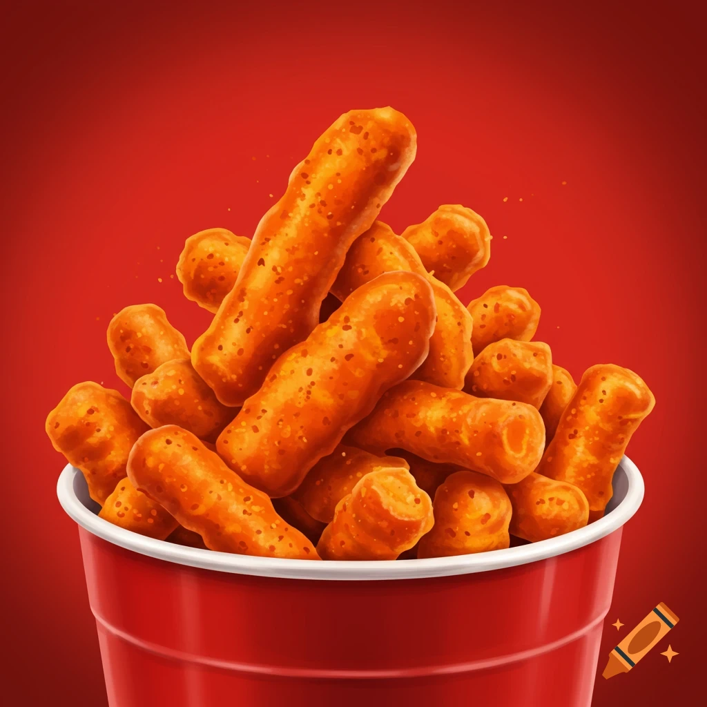 Orange crunchy snacks spilling out of a red cup.
