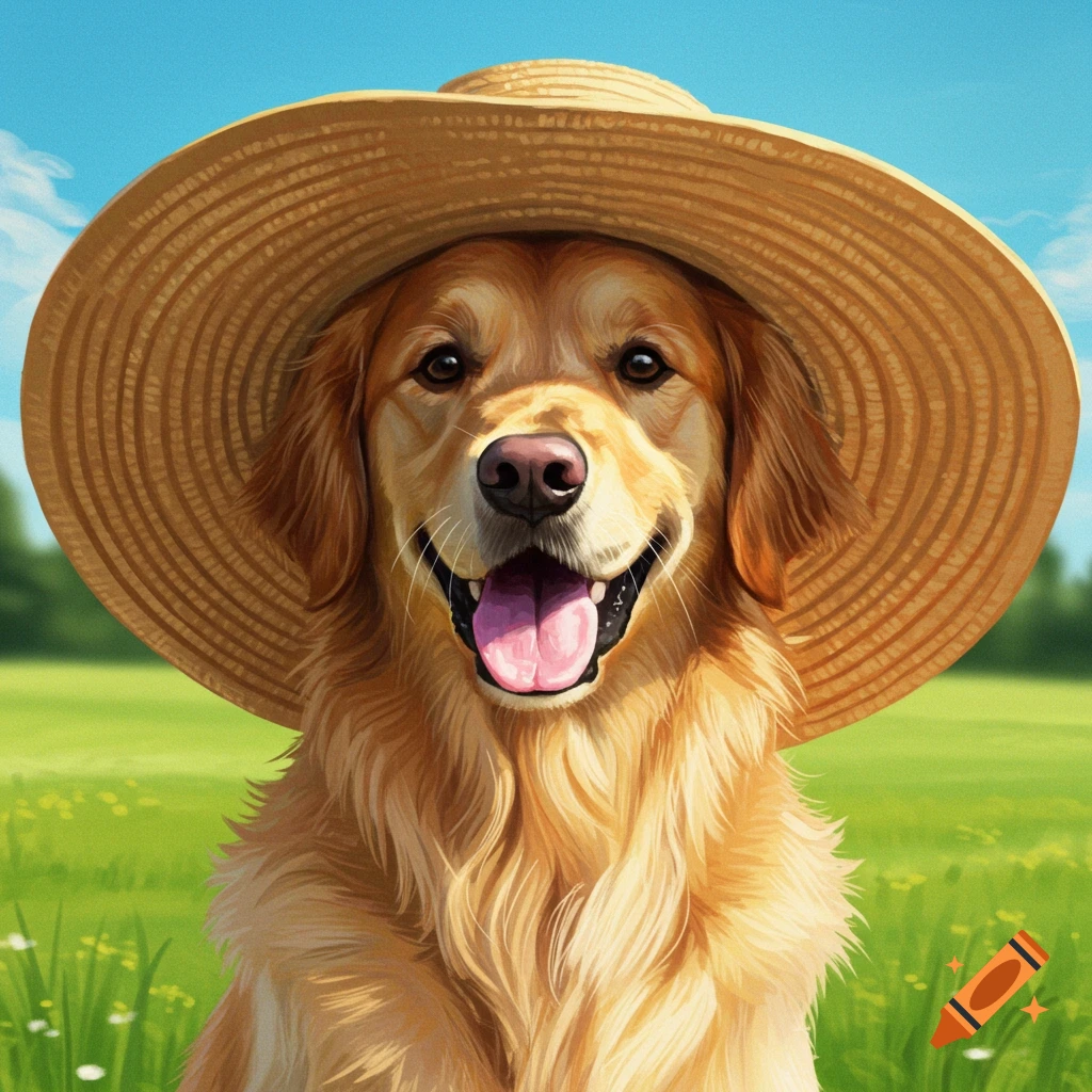 A happy Golden Retriever dog wears a straw hat in a grassy field.