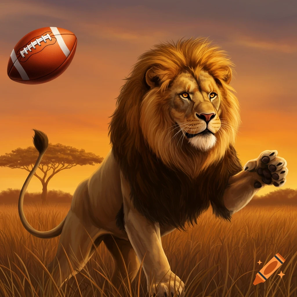 A lion reaching for a football in a savanna at sunset.