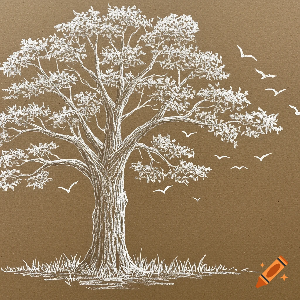 White chalk drawing of a large tree with birds flying on brown paper.