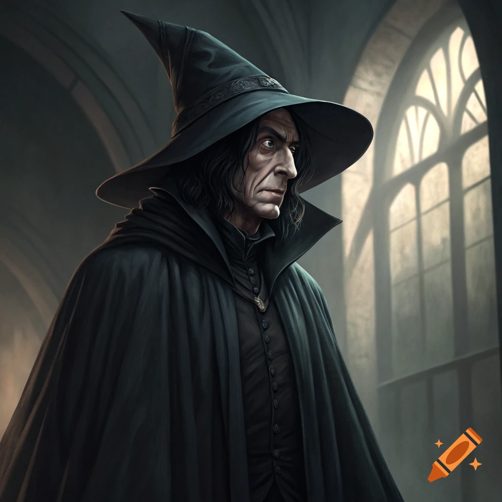 A dark-skinned character in a black wizard's hat and cape stands in a shadowy hallway with arched windows.