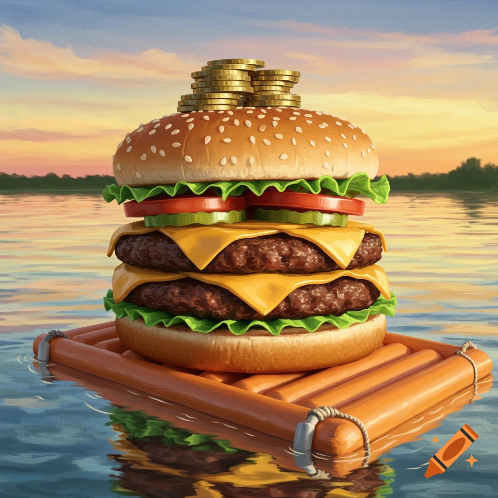 A giant triple burger with coins on top floats on a raft in water at sunset.