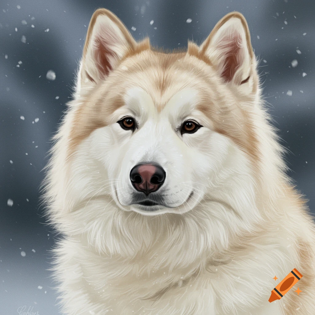 A close-up portrait of a Malamute dog in a snowy setting.