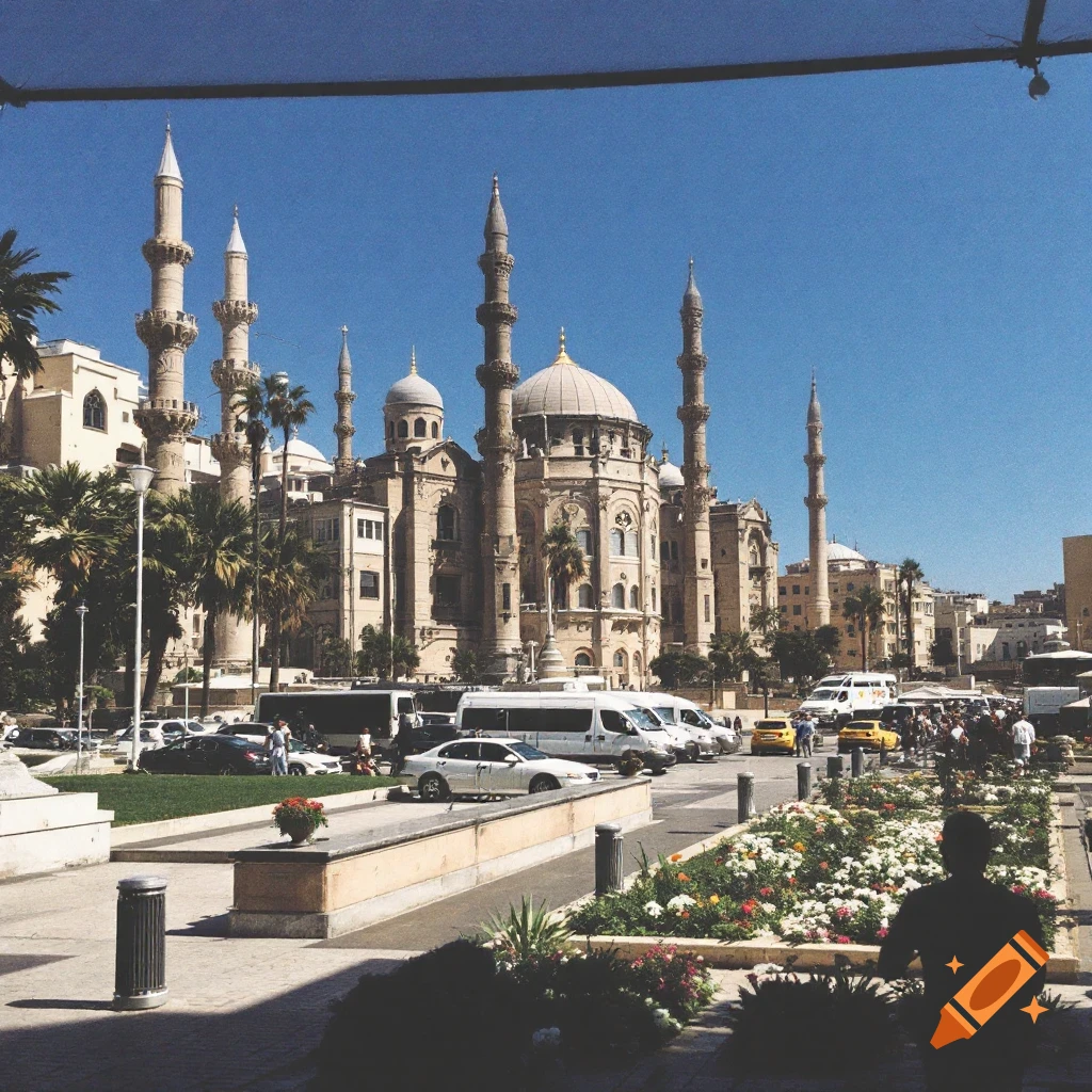 A large historic building with minarets and domes overlooks a busy street with cars and people, and a flower garden in the foreground.