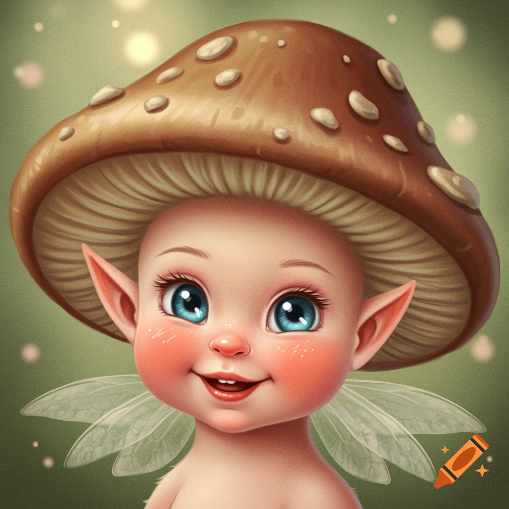 Cute baby fantasy character with big blue eyes, mushroom cap hat, and wings in digital art style.