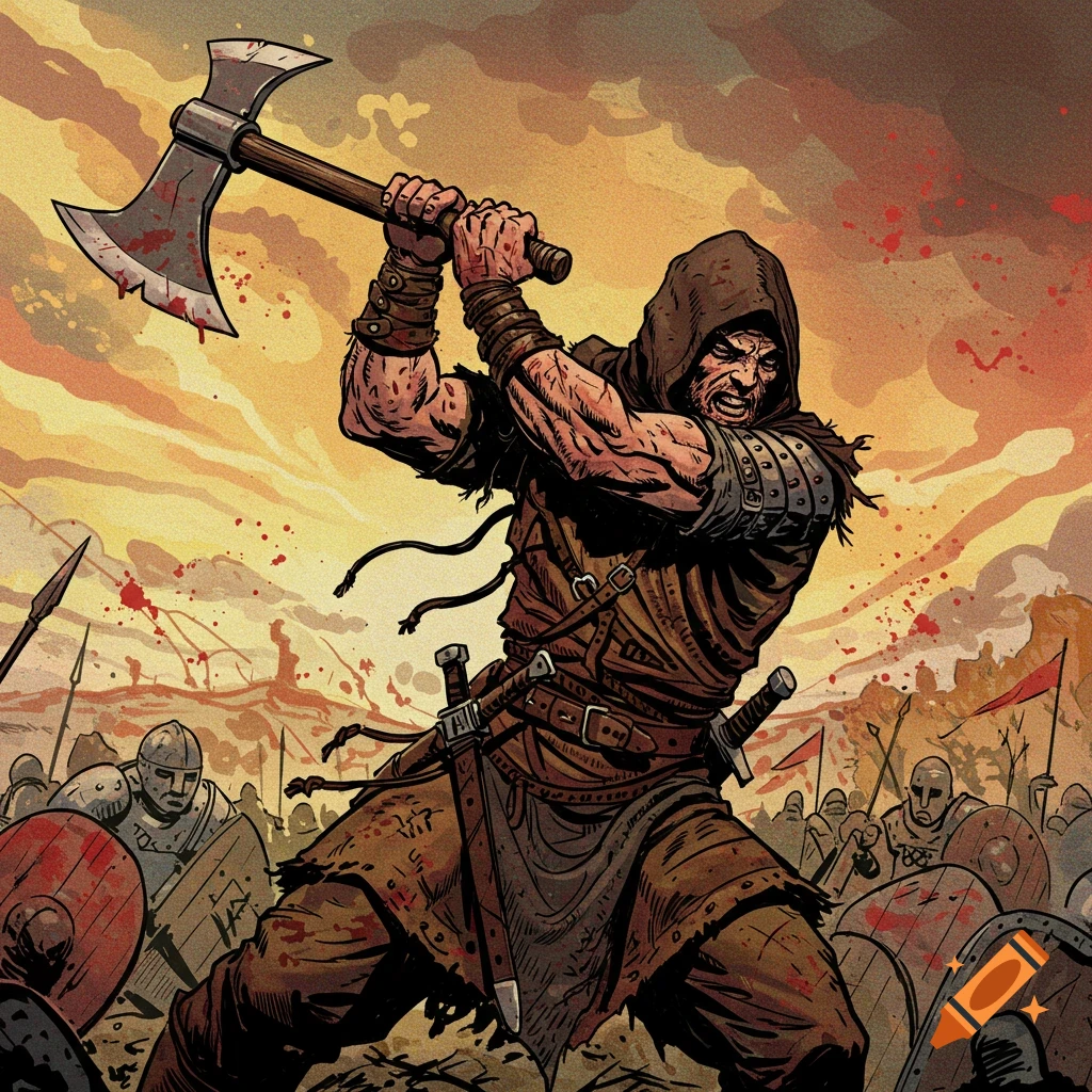 Pulp comic book illustration of a hooded medieval axeman swinging his axe in a bloody battle.