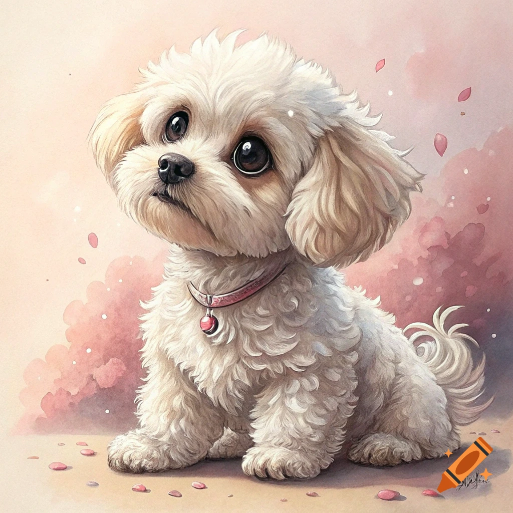 A cute white Maltipoo puppy with big eyes sits in a watercolor style image with pink flowers and background elements.