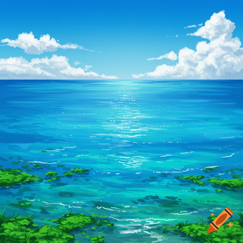 A sunny ocean landscape with green plants in the foreground and clouds.
