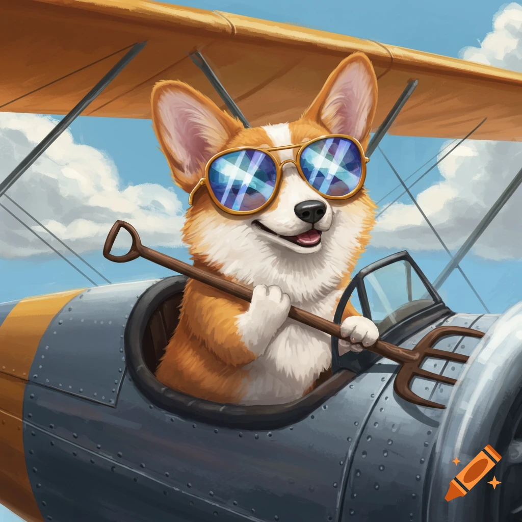 A corgi in sunglasses flies a biplane while holding a pitchfork.