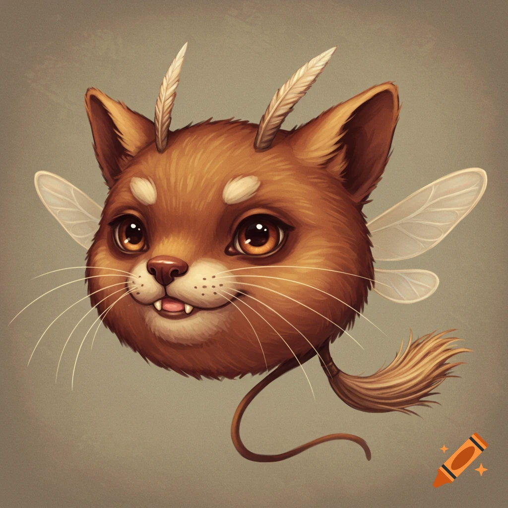 A cute fantasy creature head resembling a cat with wings and feather antennae.