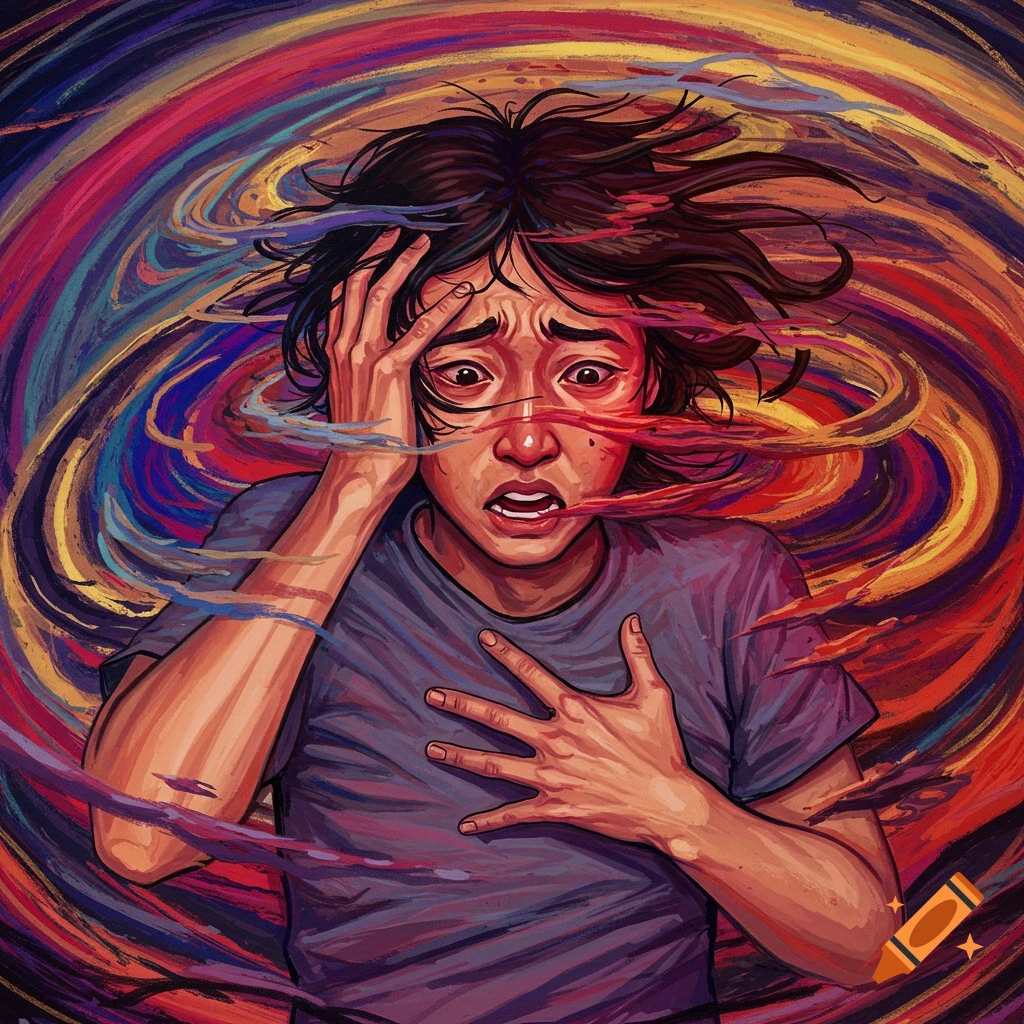 A person looking distressed against a background of swirling, vibrant, abstract colors.