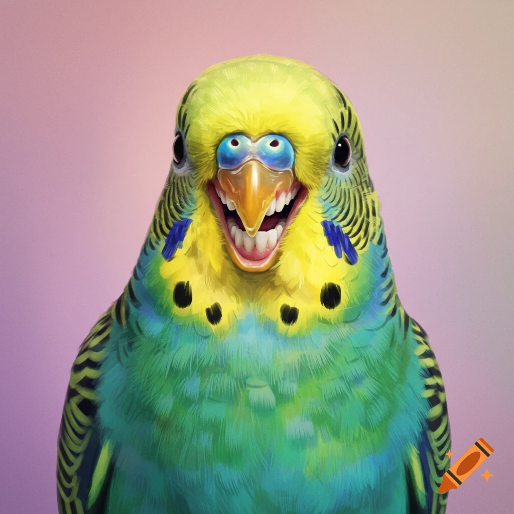 Close-up of a smiling parakeet with human teeth.