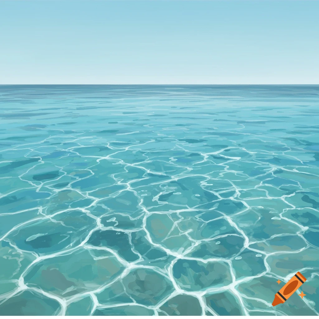 Clear ocean water with light patterns on the surface under a blue sky.