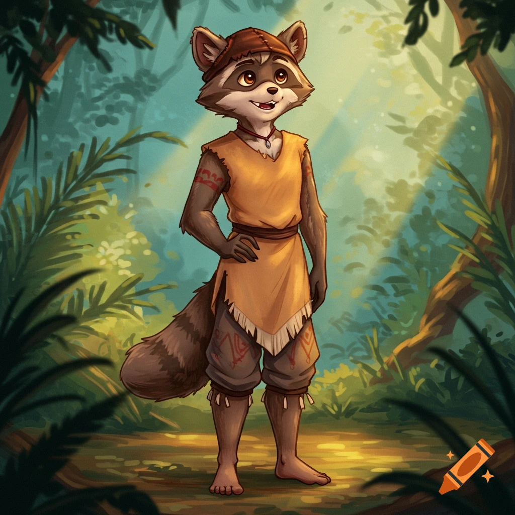 Cartoon raccoon character in tribal clothing standing in a sunlit forest clearing.