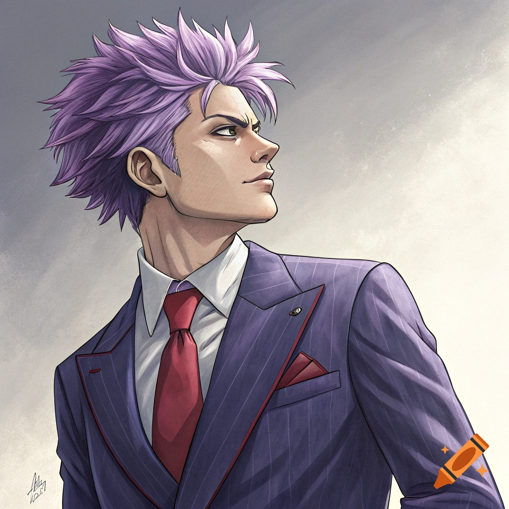 Anime style illustration of a man with spiky purple hair in a pinstripe suit looking away.