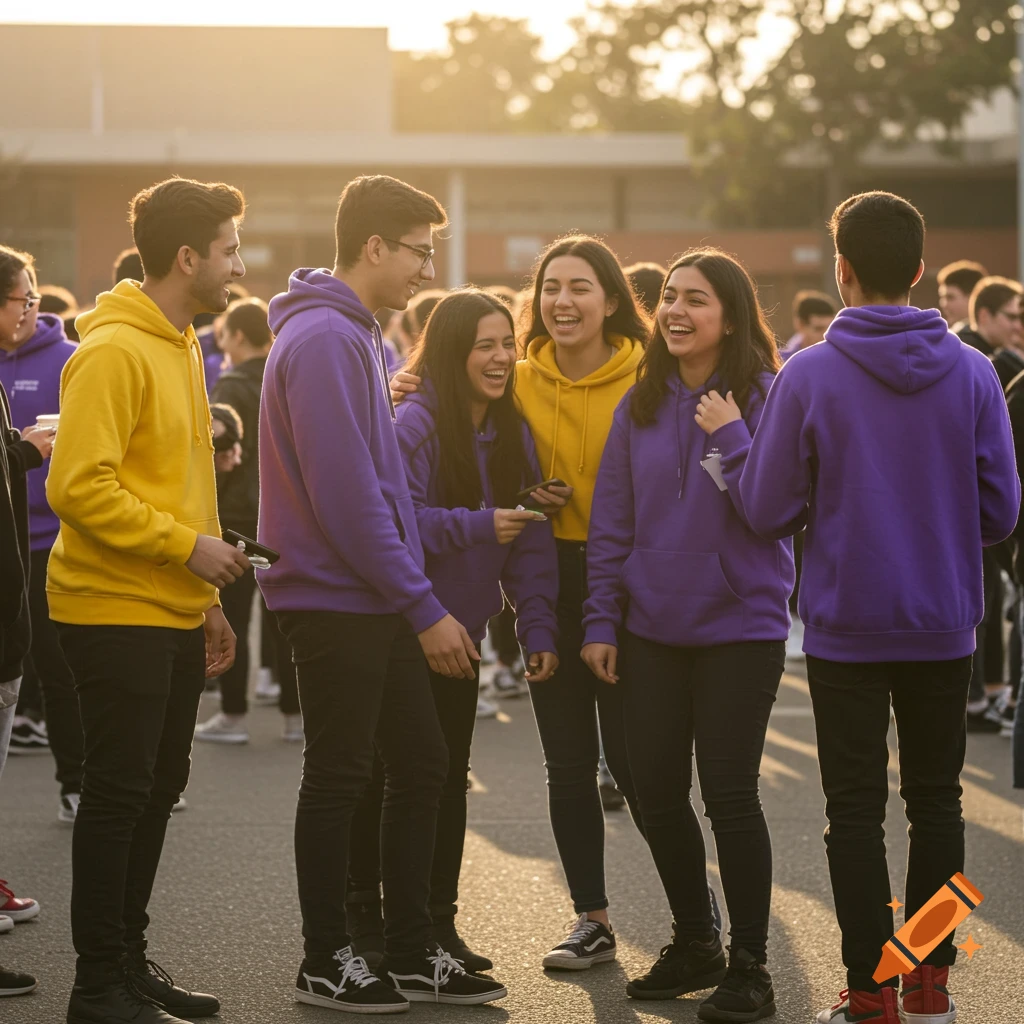 A diverse group of students in purple and yellow hoodies laugh and talk outdoors in warm sunlight.
