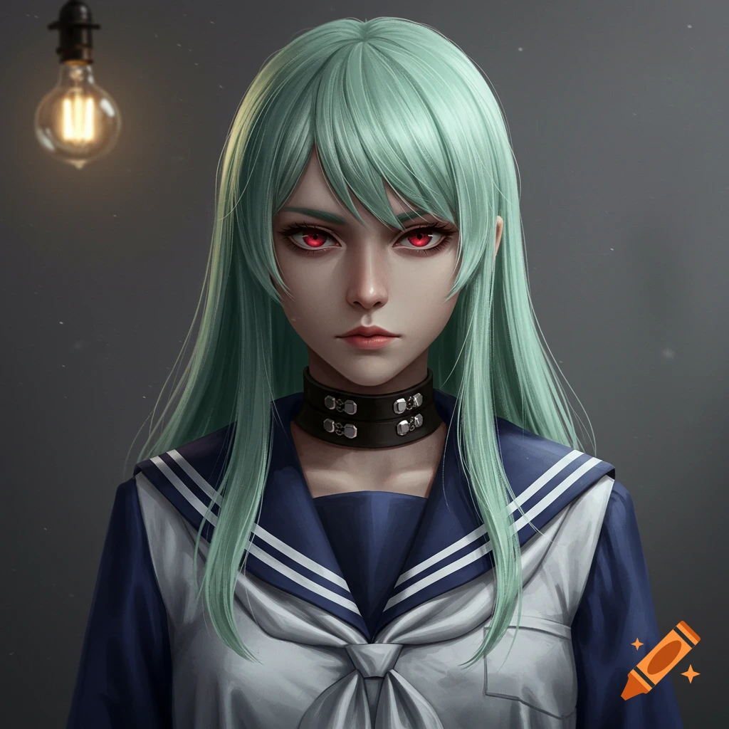 Anime-style portrait of a woman with pale green hair and red eyes wearing a sailor uniform.