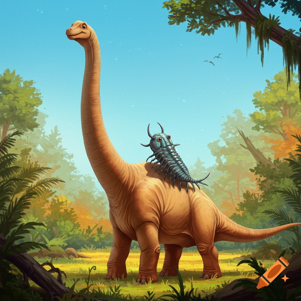 A long-necked dinosaur with a trilobite on its back in a forest.