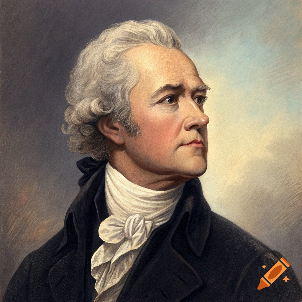 A portrait of Alexander Hamilton in a suit with a white ruffled collar.