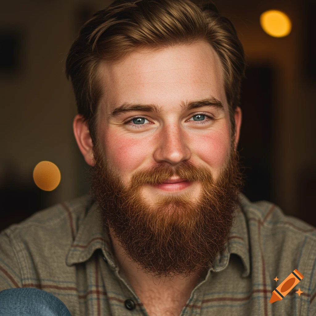 A close-up portrait of a man with a beard and rosy cheeks.