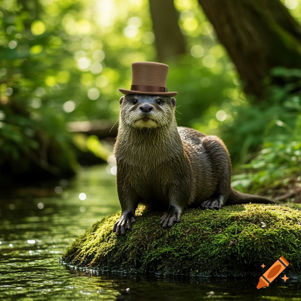 Photorealistic otter wearing a top hat on a mossy rock by a stream in a forest.