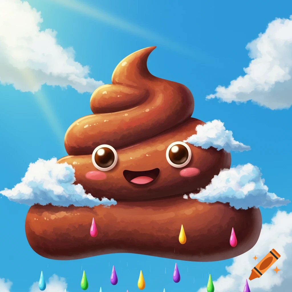 A cute cartoon poop emoji cloud raining colorful drops in a sunny sky with clouds.