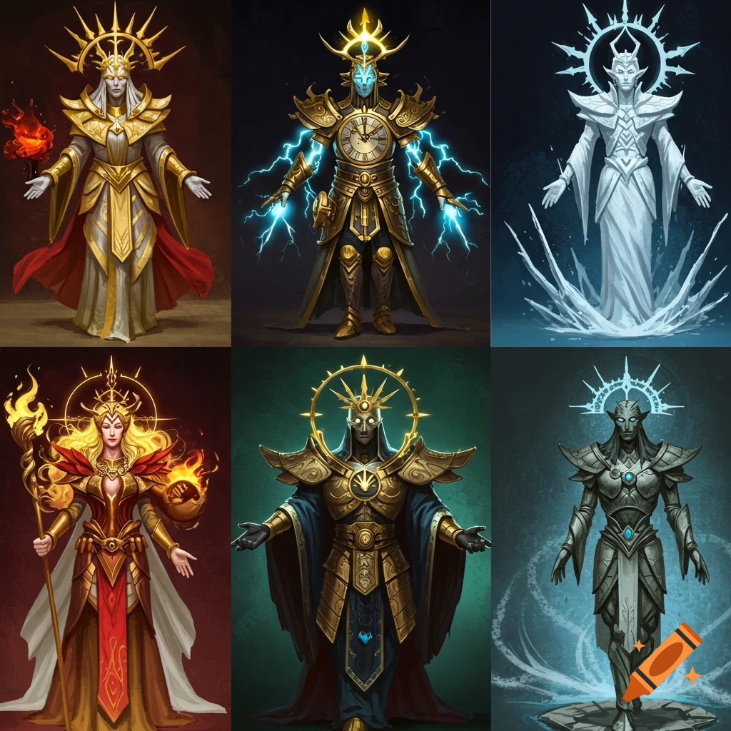 Six fantasy characters resembling gods or powerful beings with elaborate armor, robes, and elemental effects.