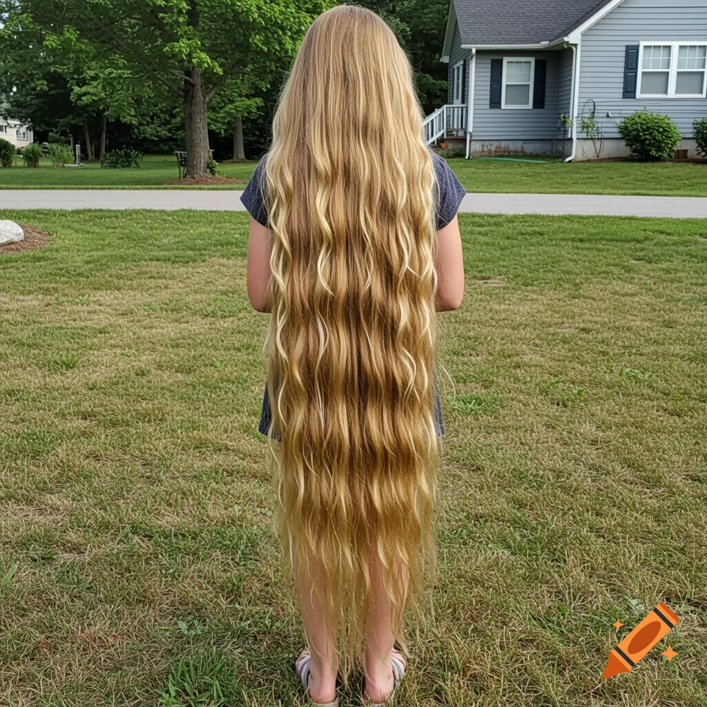 Person viewed from behind with extraordinarily long blonde hair standing in a grassy yard.