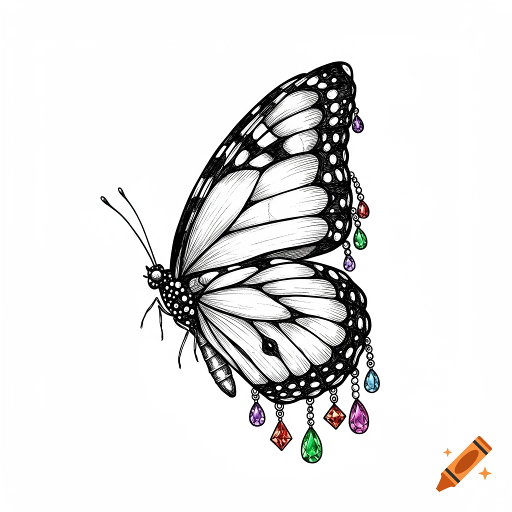 A black and white outline drawing of a butterfly with colorful hanging jewels.