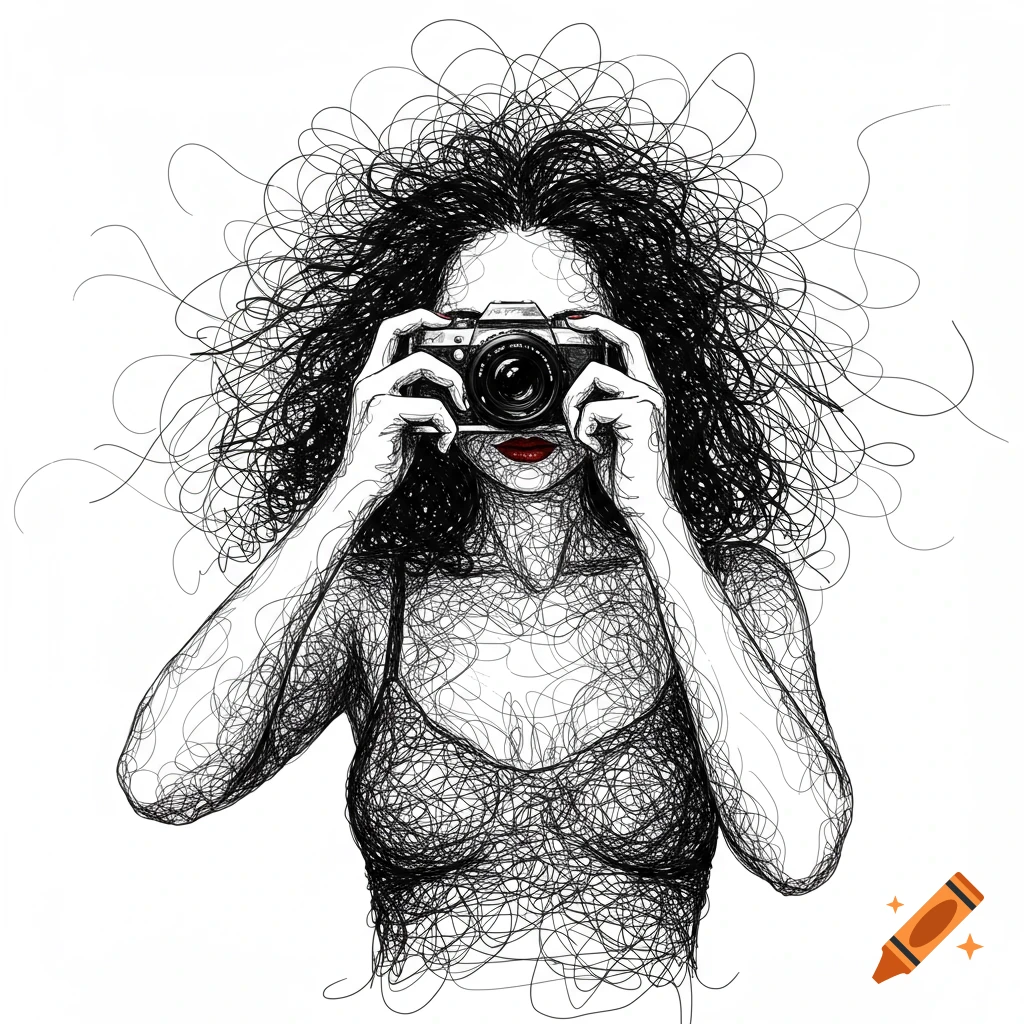 Black and white scribble illustration of a woman taking a photo with a camera, red lips are visible below the camera.