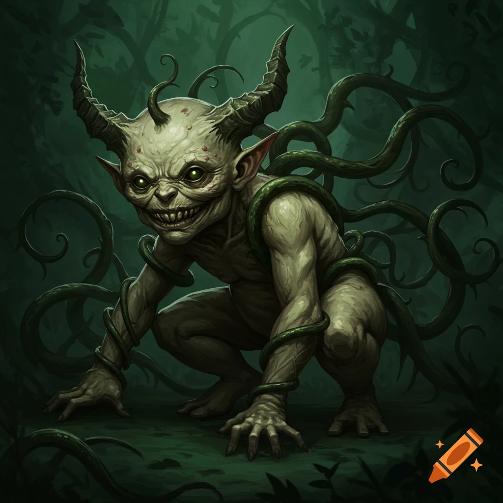 A sinister humanoid imp with horns is wrapped in vines, squatting in a dark forest.